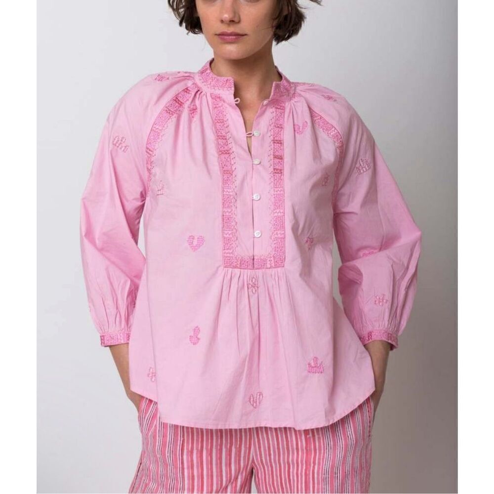 NWT V. De. Vinster Patchwork Embroidered Front Button Placket Blouse Pink Small